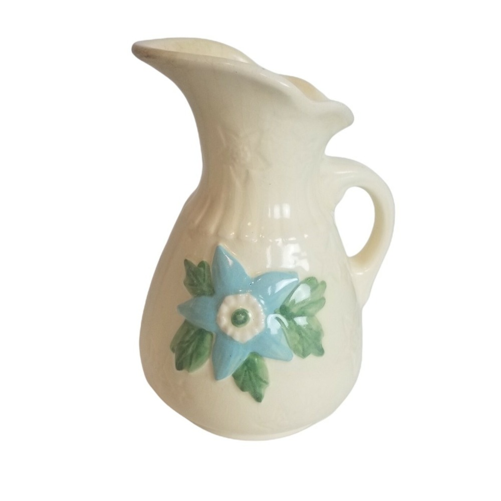 Vtg HULL POTTERY Pitcher Vase Hand Painted Star Flower‎ Cream Blue Creamer USA